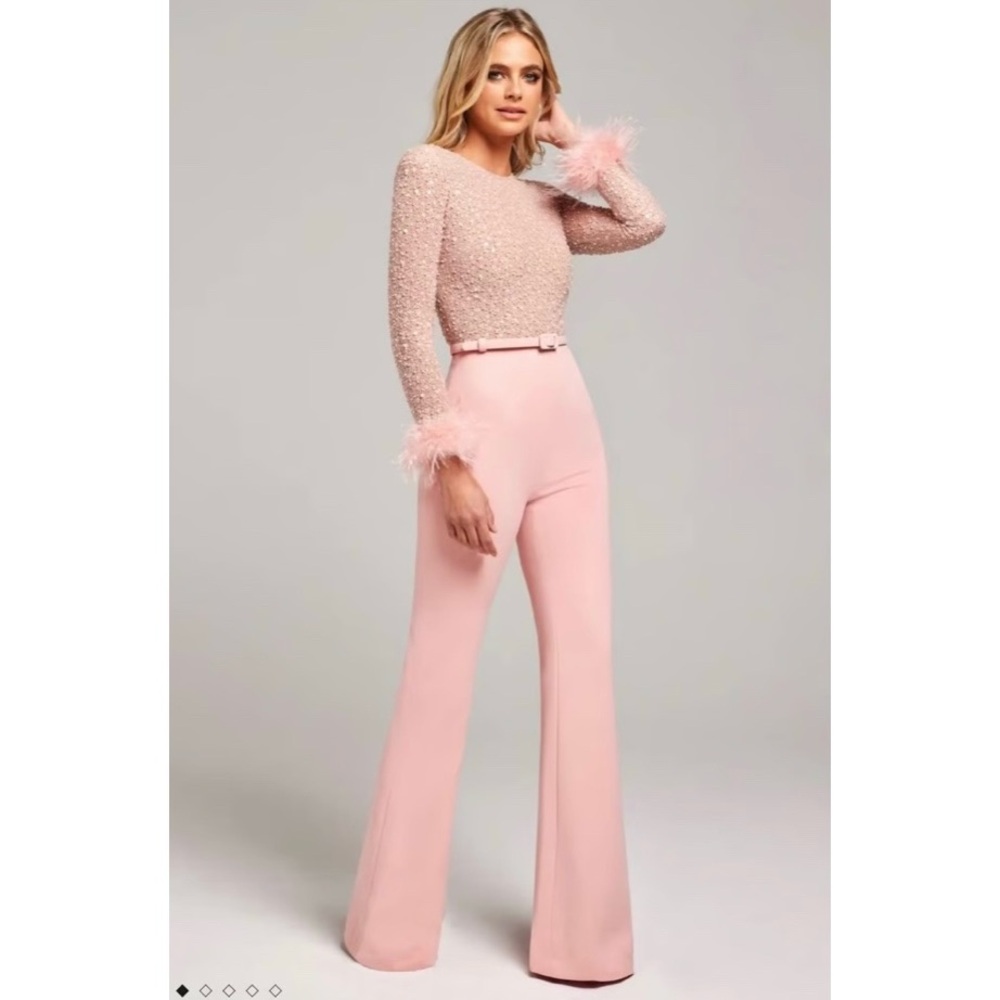 NADINE MERABI Blush Feather-Trimmed Jumpsuit